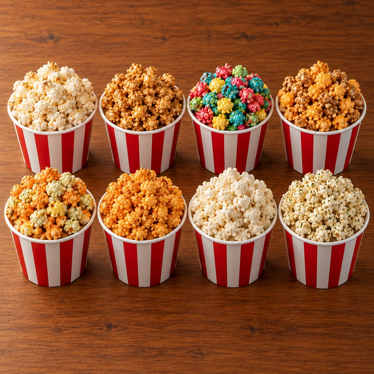 All eight Colonel Pop's kettle corn flavors in red-and-white containers